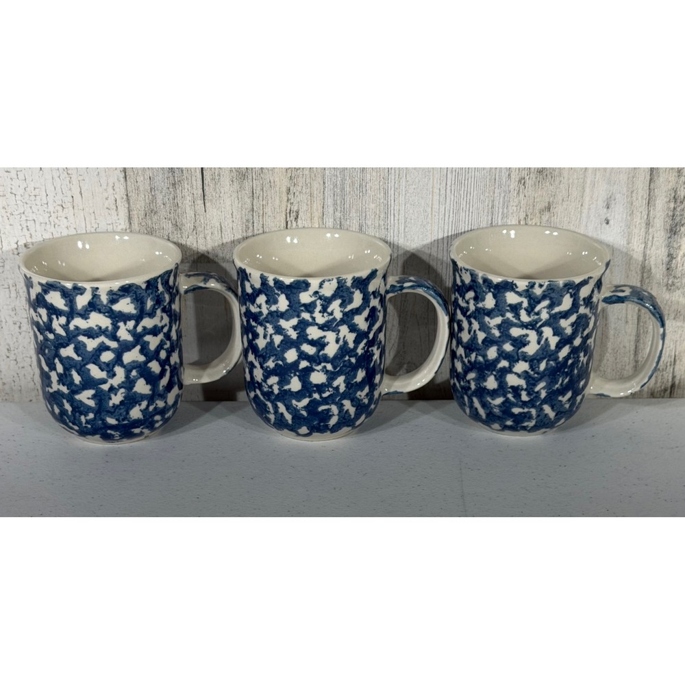 Folk Craft Tienshan Mugs Set of 3 Blue White Spongeware Heart Stoneware 4in